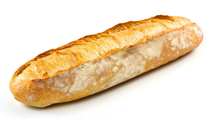 Perfectly golden baguette with crispy crust isolated on white background