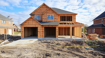 A new house under construction with wooden framing and a partially completed roof.
