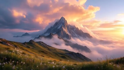 Obraz premium Majestic mountain peak bathed in golden hour light