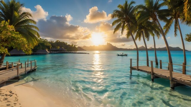 Paradise Getaway Environment in Bora Bora – Stunning Tropical Destination with Crystal Clear Waters, Overwater Bungalows, and Serene Island Escape Ambiance
