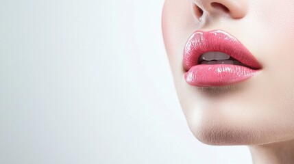 Obraz premium A woman's face with pink lipstick and a white background.