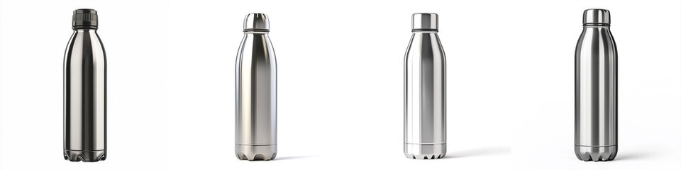 stainless steel travel water bottle with sleek design on white background.