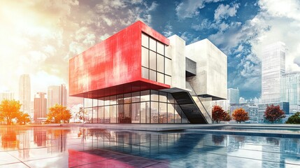 A futuristic, modern building with a red facade and glass windows, surrounded by a cityscape with tall skyscrapers and a reflective pool.