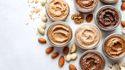 Variety of nut butters in jars surrounded by almonds, peanuts, and walnuts on white background