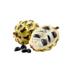 Fresh Cherimoya Fruit Cut Open Revealing Seeds and Pulp