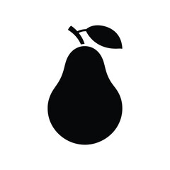 Simple black silhouette of a pear with a single leaf and stem