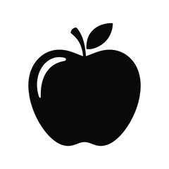Simple black silhouette of an apple with a stem and leaf on a white background