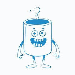 Funny cartoon character of a steaming cup of coffee with arms and legs