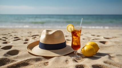 Refreshing Iced Tea with Lemon on Summer Beach &ndash; Cold Beverage Scene Featuring Citrus Garnish, Sunlight, and Tropical Relaxation Vibes for Seasonal Delight