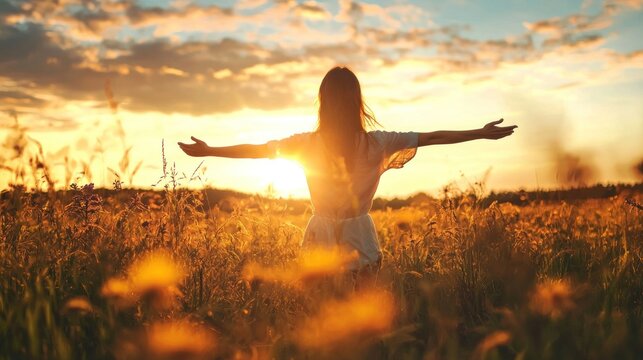 A woman standing in a field at sunset, arms outstretched, with a serene and peaceful expression.