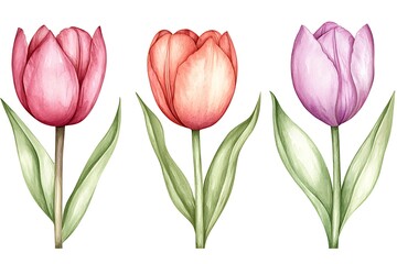 Obraz premium Watercolor Illustration of Three Colorful Tulips with Green Leaves on White Background