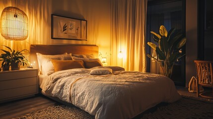 A bedroom with soft ambient lighting and cozy vibes
