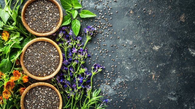 Three wooden bowls filled with chia seeds and surrounded by fresh flowers and leaves on a dark, textured surface.