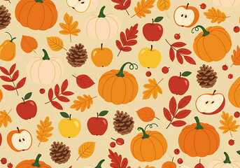 Autumnal Pattern of Pumpkins Apples Leaves and Pinecones on Beige Background.