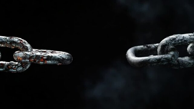 Fiery chain link under pressure, breaking amidst smoke against a black background