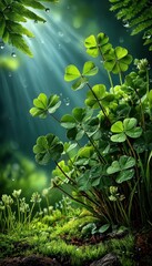 Obraz premium Sunlight shines on lush clovers