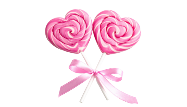 Two Love Lollipops with Pink Ribbon, Isolated on Transparent Background - Powered by Adobe
