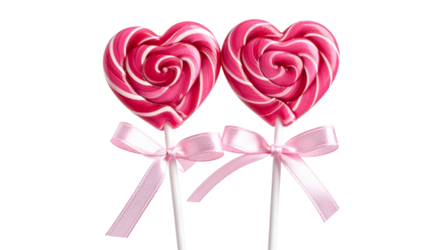 Two Love Lollipops with Pink Ribbon, Isolated on Transparent Background