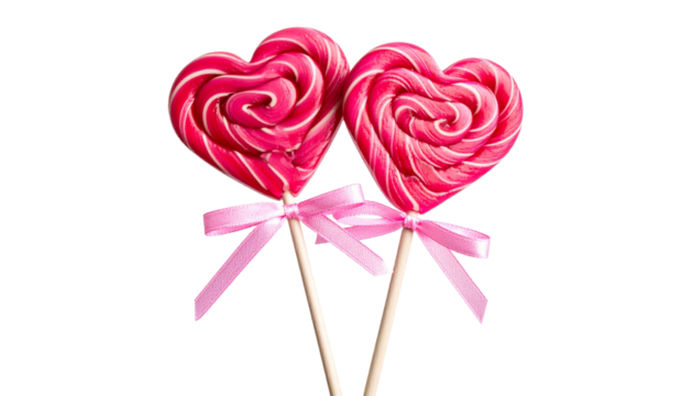 Two Love Lollipops with Pink Ribbon, Isolated on Transparent Background