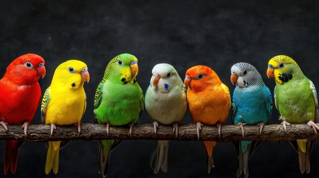 A group of colorful parakeets perched on a branch against a dark background.