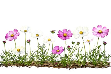 Fototapeta premium Vibrant Cosmos Flowers in Bloom with Green Grass and White Background for Nature Photography