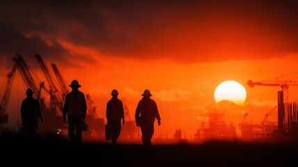 Silhouettes of four construction workers walking at sunset with cranes and industrial structures in the background, creating a dramatic orange sky.