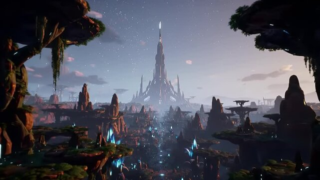 A bioluminescent city is embraced by a canyon