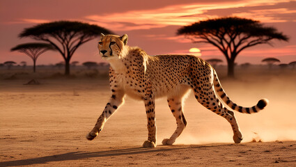 Silhouetted Cheetah Strolling Across Dusty Terrain at Dusk in the African Wilderness