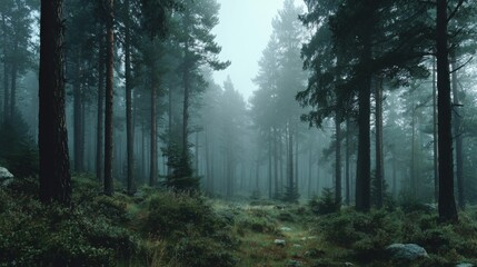 Fototapeta premium A misty forest path winds through tall pine trees with lush green undergrowth in a serene, foggy woodland setting.