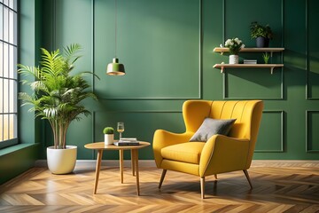 Modern living room interior design with yellow wingback chair and green walls
