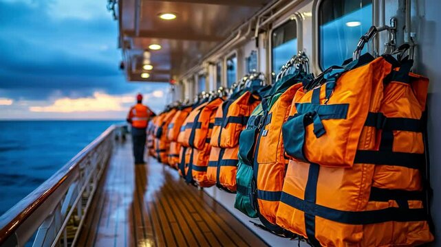 Colorful life jackets on a ship's deck at sunset over the ocean.