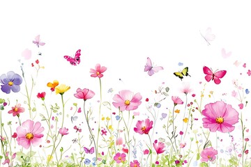 Vibrant Wildflower Meadow with Colorful Butterflies and Soft Pastel Background