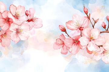 Beautiful Cherry Blossom Flowers in Soft Pastel Colors with Blue Background Watercolor Design