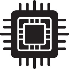 Black silhouette of a computer processor chip with pins isolated on white background