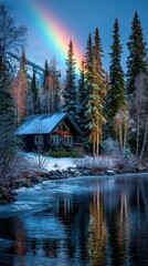 Snowy cabin by a frozen river, vibrant rainbow