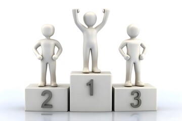 Three stylized figures celebrate victory on a podium with first second and third place markers