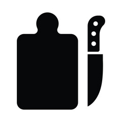black and white kitchen utensil icon, cutting board and knife icon