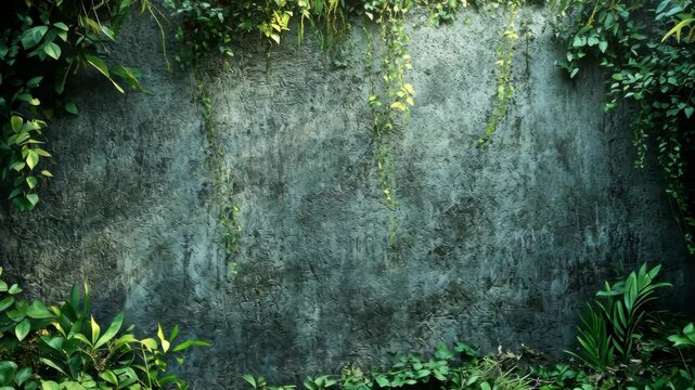 Lush greenery frames a textured, dark-grey wall