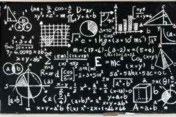 Chalkboard filled with complex mathematical formulas, graphs, geometry shapes and scientific...