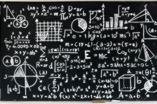 Chalkboard filled with complex mathematical formulas, graphs, geometry shapes and scientific equations - Powered by Adobe