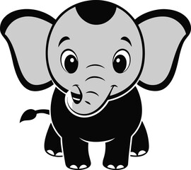Fototapeta premium Cute cartoon baby elephant silhouette with big ears isolated on white background