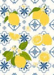 Background with Italian geometric tiles and lemon branches with flowers. Summer wallpaper of the Amalfi Coast. Traditional blue geometric background texture. © Наталья Косаревич