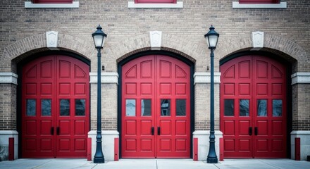 Symmetrical red doors of historic building under streetlamps