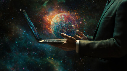A businessman holds a MacBook Pro in his left hand and a virtual network in his right hand, representing digital technology and global data connectivity
