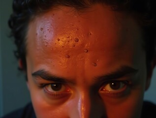 A close-up photograph of a human forehead with sweat beads, glowing under harsh light