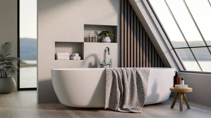 White ceramic tub with towel draped over and body wash on stool table under roof window in bathroom.