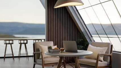 Laptop with book and bread on round wood table with armchair in living room or cafe with glass wall.