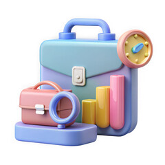 A 3d render of briefcases, a clock, and a bar graph, isolated on transparent background