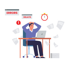 Overload at work. Tired office worker sitting with laptop near documents. Lot of paperwork for clerk. Emotional burnout, delay and error, flat vector illustrations.