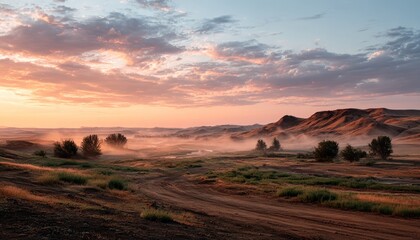 Fototapeta premium Sunrise over a dusty plain